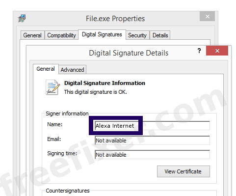 Screenshot of the Alexa Internet certificate
